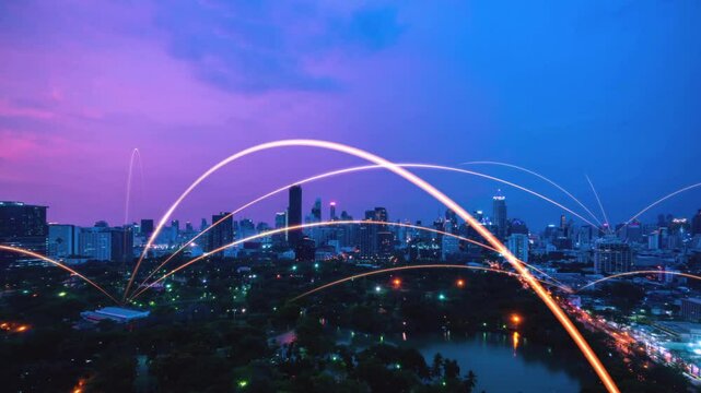 Smart digital city with connection network reciprocity over the cityscape . Concept of future smart wireless digital city and social media networking systems that connects people within the city .