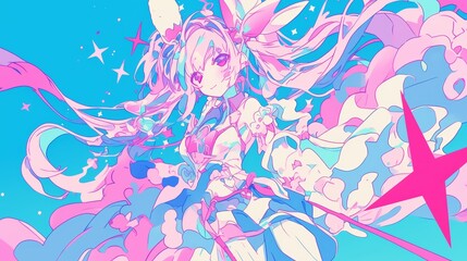 Fototapeta premium Pastel Dream. A Whimsical Anime Girl in a Candy-Colored World. Vibrant Anime Illustration.