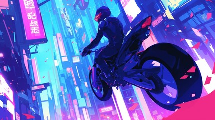 Cyberpunk Cityscape. Night Rider's Ascent. Vibrant Anime Illustration.