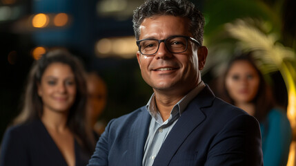 Fototapeta premium Brazilian businessman and entrepeneur with partners smiling to the camera