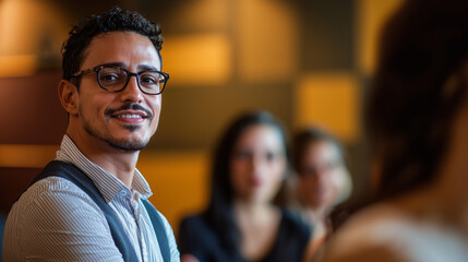 Obraz premium latin man standing and looking smiling to the camera with his team