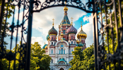 Obraz premium Majestic Russian Orthodox cathedral with vibrant domes, framed by lush greenery and a wrought iron gate.