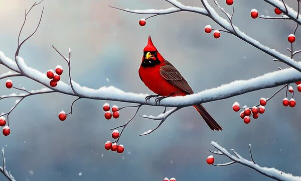 Bright red cardinal is perched on a snow covered branch eating berries on a cold winter day with snow falling around him 