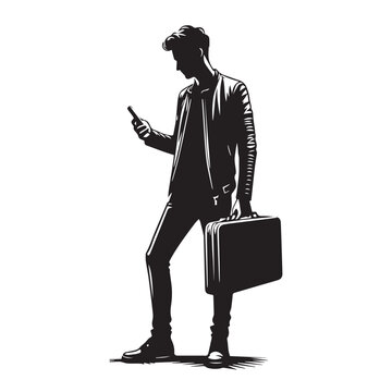 recommend clip art: Man using mobile silhouette vector, man silhouette, mobile phone, man using phone, sitting pose, standing pose, vector illustration, digital communication, smartphone, technology, mobile device, 