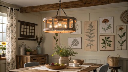 Centered above the table a unique lighting fixture crafted from reclaimed materials complements the rooms theme while casting soft shadows that dance across the walls adorned with