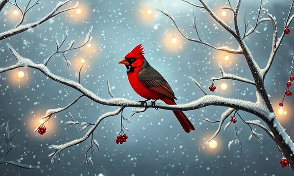 Bright red cardinal is perched on a snow covered branch eating berries on a cold winter day with snow falling around him 