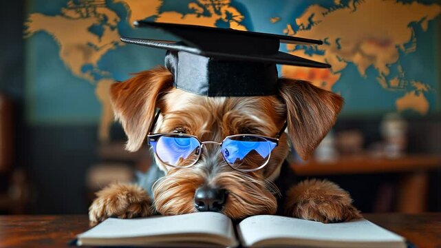 Dog Wearing Graduation Cap and Glasses in Academic Setting