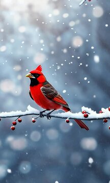 Bright red cardinal is perched on a snow covered branch eating berries on a cold winter day with snow falling around him 