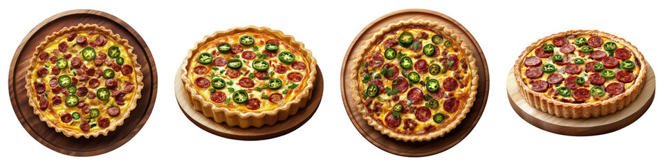 Spicy chorizo and jalapeno quiche on wooden plate isolated on transparent background, Set of