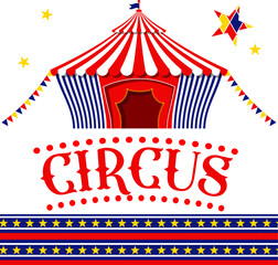 red and white striped circus, text, circus sign and associated seamless pattern with same color palette
