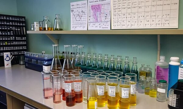 Laboratory Workspace with Colorful Chemical Solutions in Beakers and Test Tubes, Scientific Equipment on Shelves, and Research Data on Wall Charts