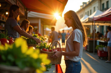 Naklejka premium Farmer's market stall with organic produce and reusable baskets