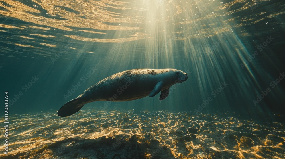 Poster a west indian manatee swims serenely beneath the surface, illuminated by rays of sunlight filtering 
