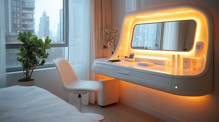 Fototapeta premium Modern minimalist vanity with warm lighting, city view, and white chair.