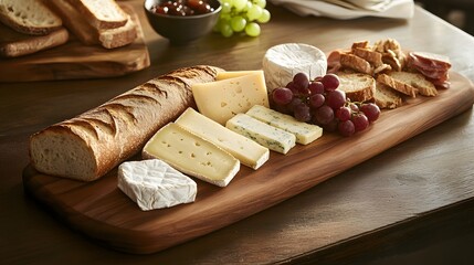 Wooden Board Holds Cheese Bread And Grapes