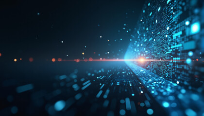 Fototapeta premium A futuristic scene featuring a dark blue background with a radiant light source emerging from the center. The abstract design conveys concepts of technology, data flow, and digital communication.