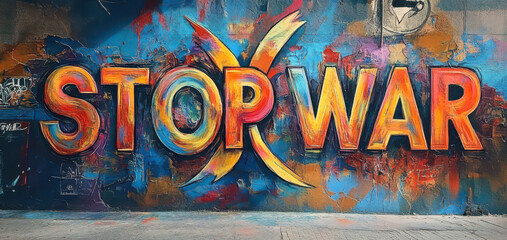 Colorful Artistic STOP WAR Message with Peace Symbol and Vibrant Abstract Background