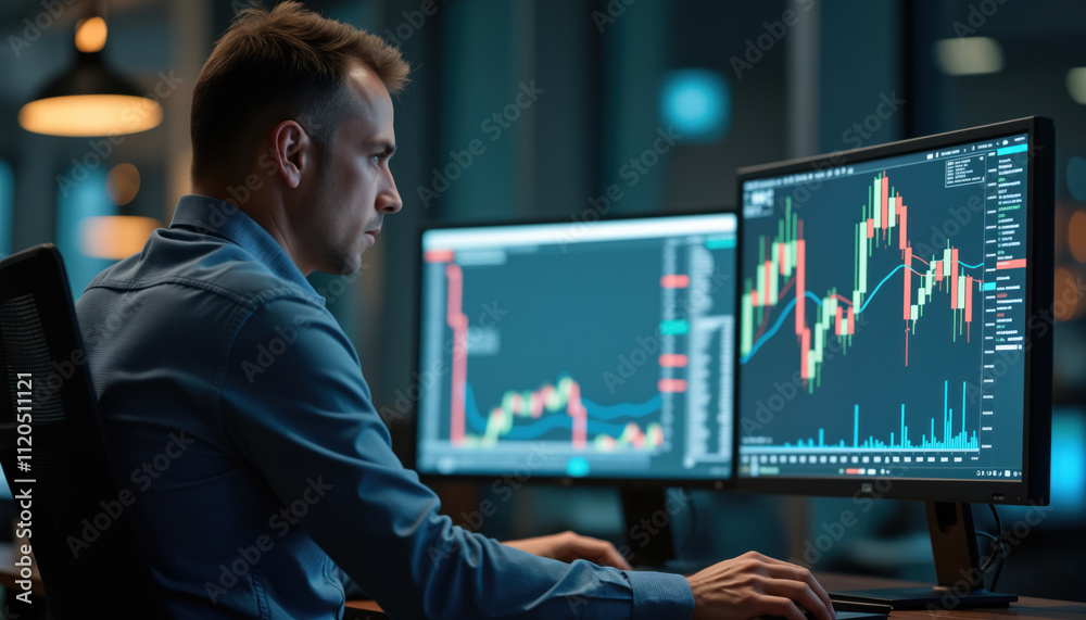 Poster trader monitoring stock market trends on multiple screens: a trader monitoring stock market trends o