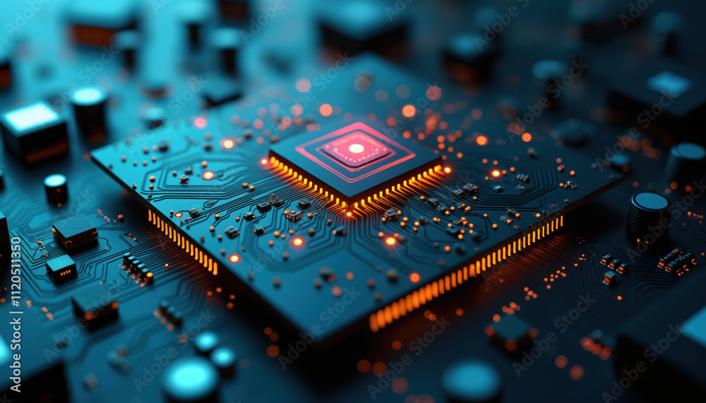 Poster advanced processor on circuit board: an advanced processor on a circuit board, surrounded by connect