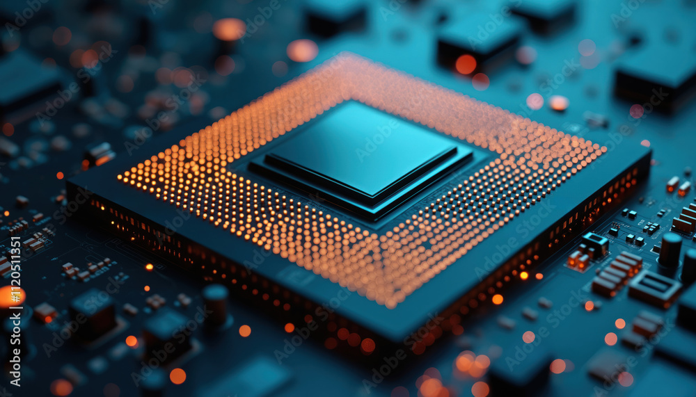Poster gold processor on circuit board: a gold processor on a circuit board, symbolizing advanced computing