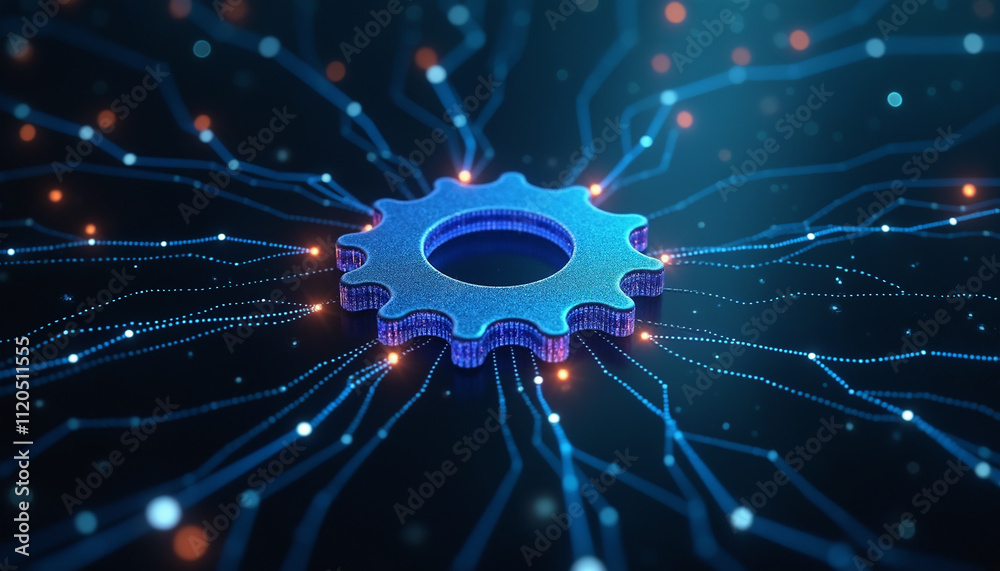 Poster gear icon with network connectivity: a gear icon integrated within a digital network, representing s