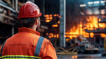 Firefighter Observing Blaze in Industrial Warehouse with Rescue Equipment and Emergency Response in Action