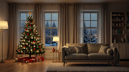 illustration of living room and christmas tree with gifts