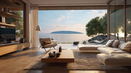 Fototapeta premium Interior with large window sea view