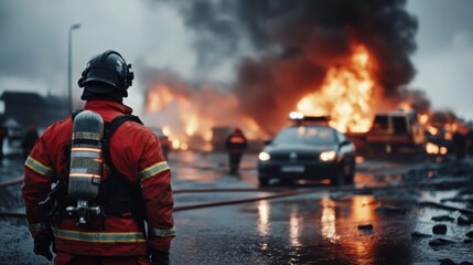Obraz premium Courageous Firefighter Overseeing Blaze at Emergency Scene Amidst Thick Smoke and Flames with Emergency Vehicles and Rescuers in Background