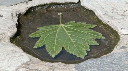A large green leaf resting in a shallow water puddle.