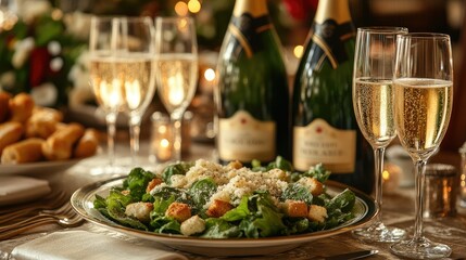 Elegant Caesar salad and champagne on a festive table setting.
