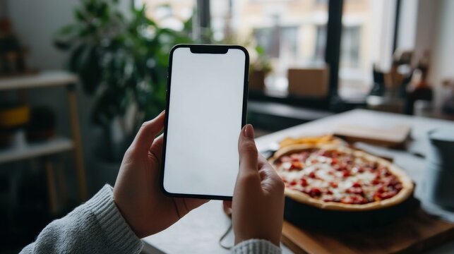 Woman using smartphone with blank screen, food delivery on background. App for ordering food online