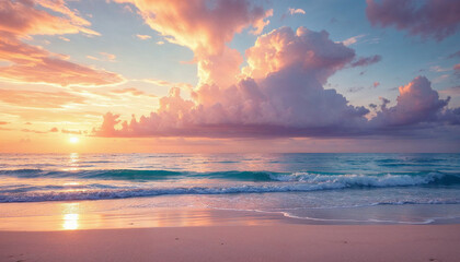 A peaceful sunset over the ocean, with waves gently lapping at the sandy beach.

