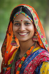 Fototapeta premium A joyful Indian woman adorned in colorful traditional attire.