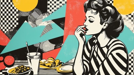Retro Diner Chic: A Pop Art Woman Enjoying a Meal