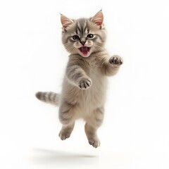 Obraz premium Playful Kitten Leap - Cute Cat Photo, White Background