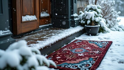 Serene Winter Porch, Snow-Covered Entrance with Vintage Crimson, Blue, and Silver Welcome Mat