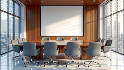 Modern Boardroom, Sleek 3D Render with Wooden Accents & White Screen for Logo Placement