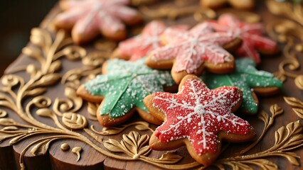Fototapeta premium Cozy Christmas Gingerbread Cookies, Sugar-Dusted Star Shapes on Ornate Wooden Board