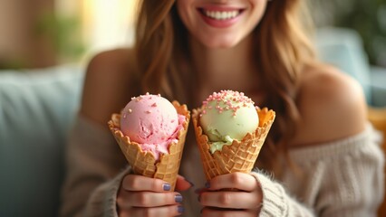 Woman Enjoying Delicious Ice Cream Cones, Serene Afternoon in Cozy Home Setting