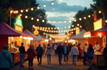Obraz premium Bustling fairground with food stalls and decorative overhead lights
