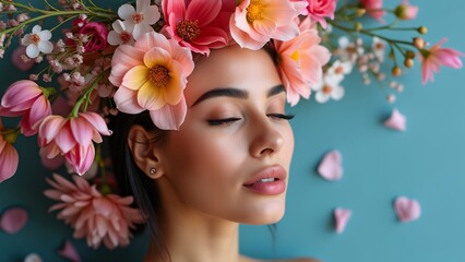Fototapeta premium Stunning Latina Woman with Vibrant Floral Headpiece, Beauty Salon Concept