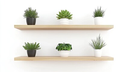 Two wooden shelves display various potted plants against a white wall, enhancing decor.