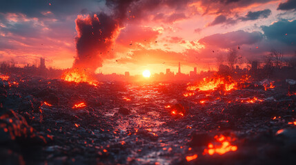 Fototapeta premium Dramatic Battlefield of Destruction with Fiery Skies Depicting Global Conflict and Apocalypse