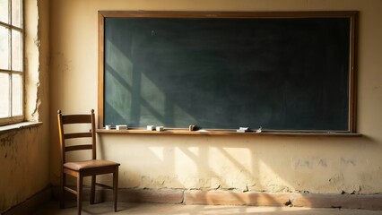 Rustic Classroom Scene, Blank Blackboard, Wooden Chair, and Aged Wall in Soft Light