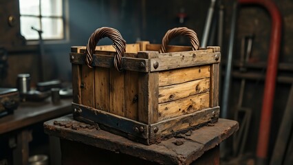 Obraz premium Weathered Wooden Crate with Copper Wire Handles on Rusty Metal Base in Dimly Lit Workshop