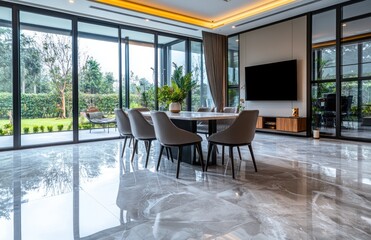 Fototapeta premium Modern dining room with marble floor, large windows, and garden view.