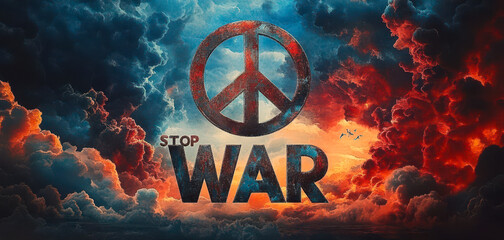 Peace Symbol with STOP WAR Message Against Dramatic Red and Blue Cloudy Background
