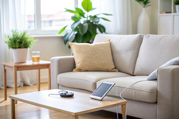 Naklejka premium Tablet charging on coffee table in modern living room.