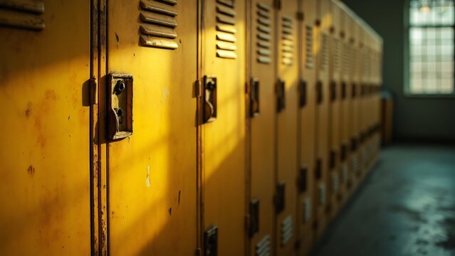 Nostalgic Glow, Vintage Yellow School Lockers Bathed in Warm Light - Minimalist Background